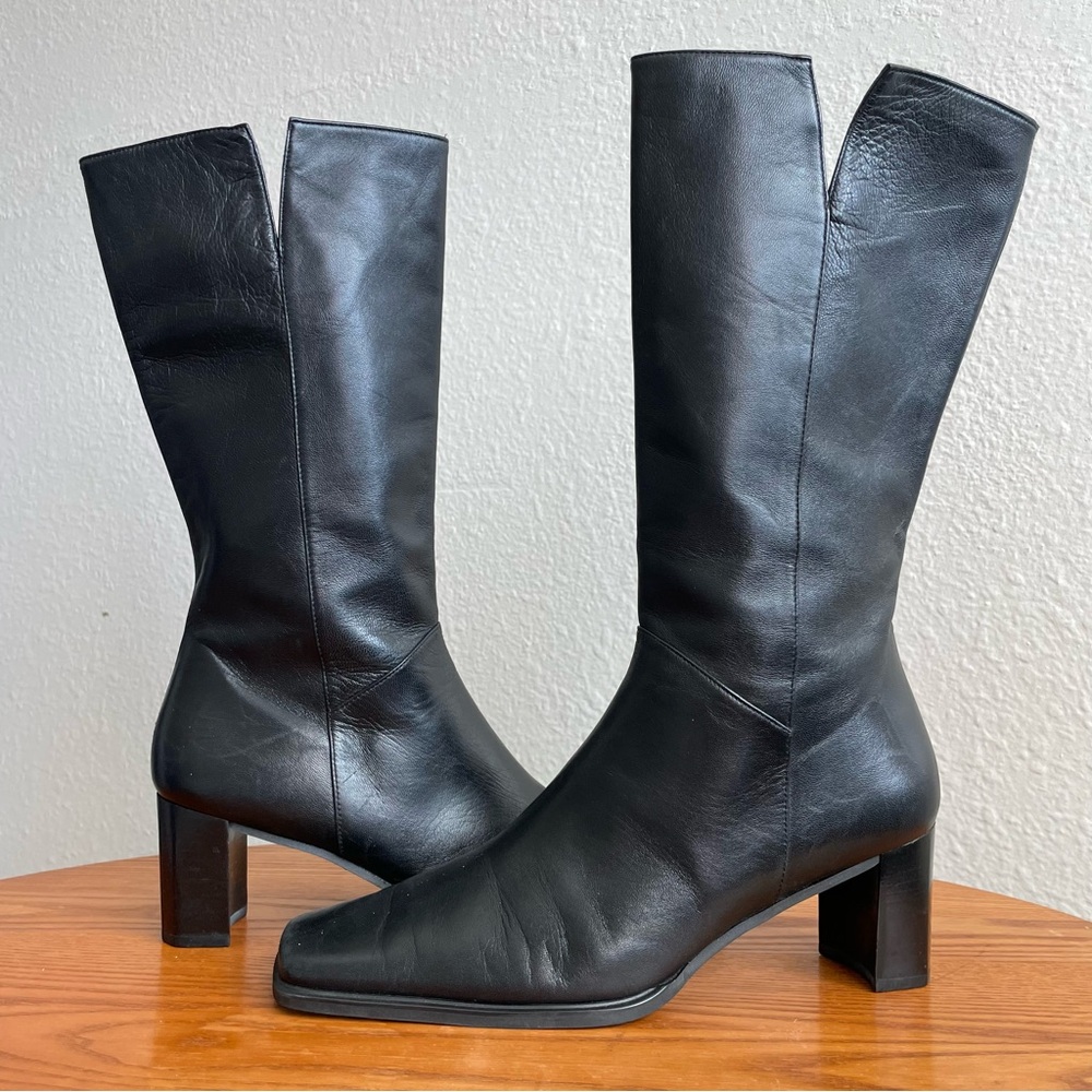 Stuart Weitzman Black Leather Mid-Calf Square toe Block Heel Boots
